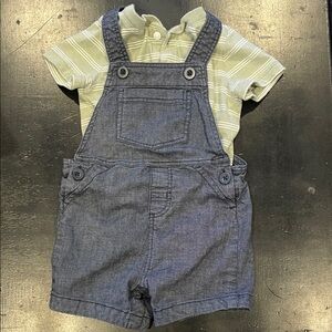 Kids Denim Overalls with Green Striped Shirt